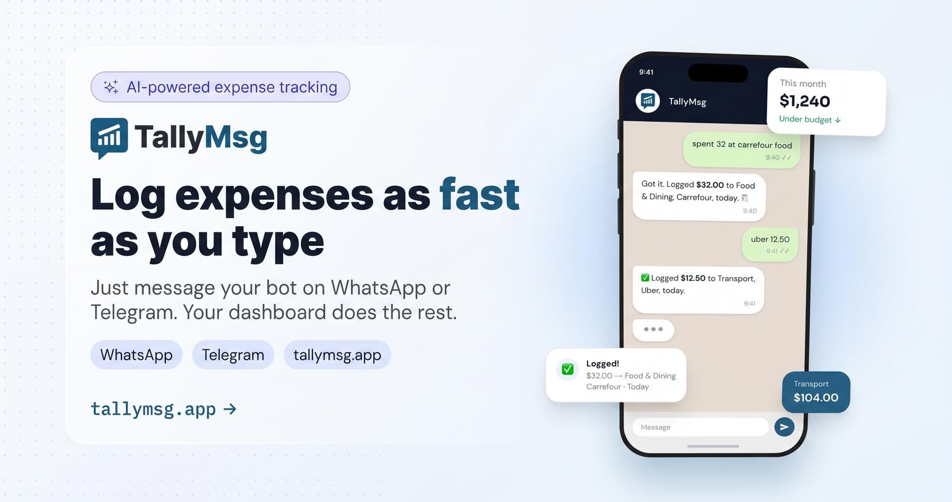 TallyMsg Expense Tracker product preview for startup listing on Aura++