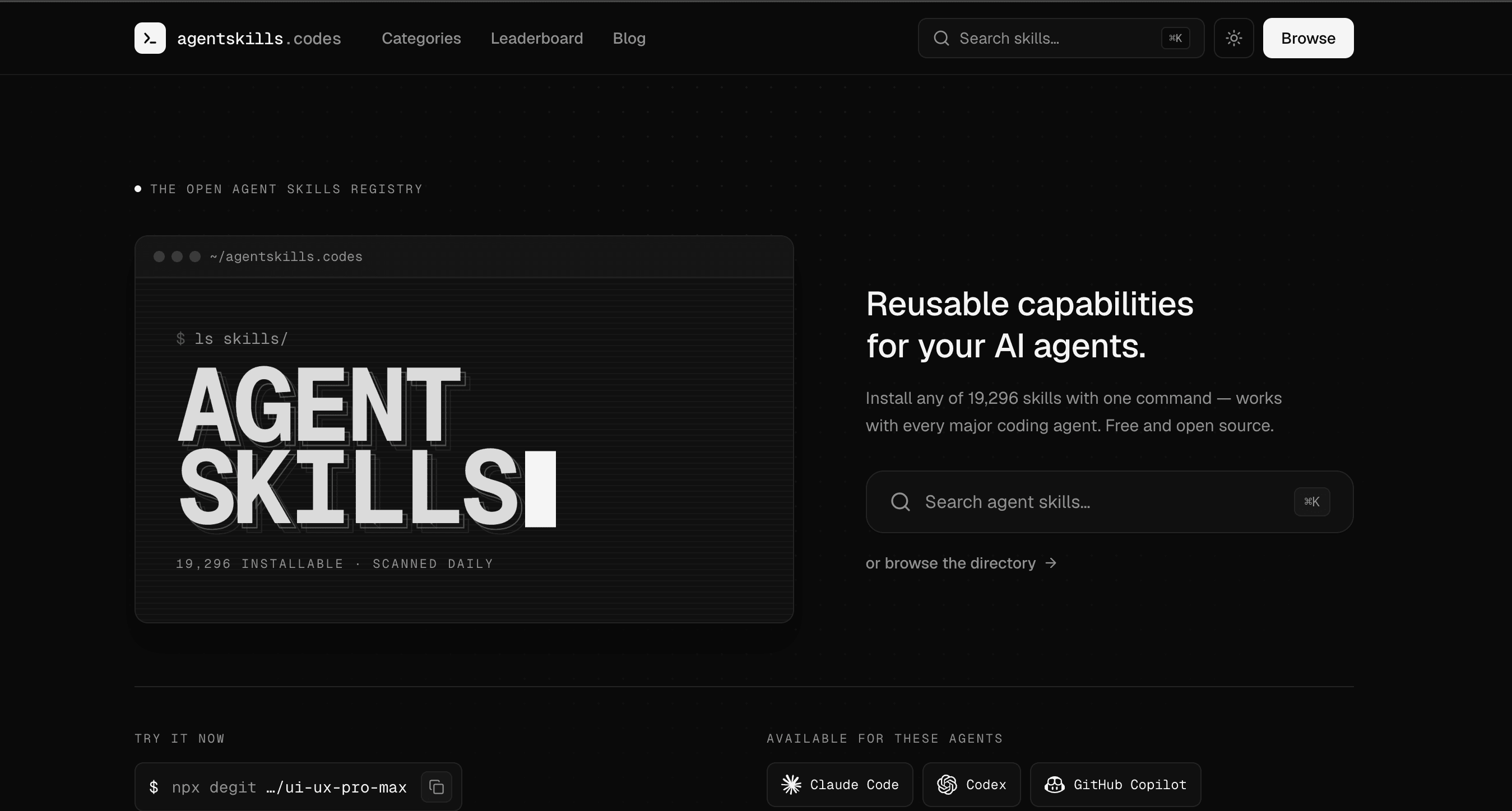 Agent Skills Registry for AI Coding Assistants
