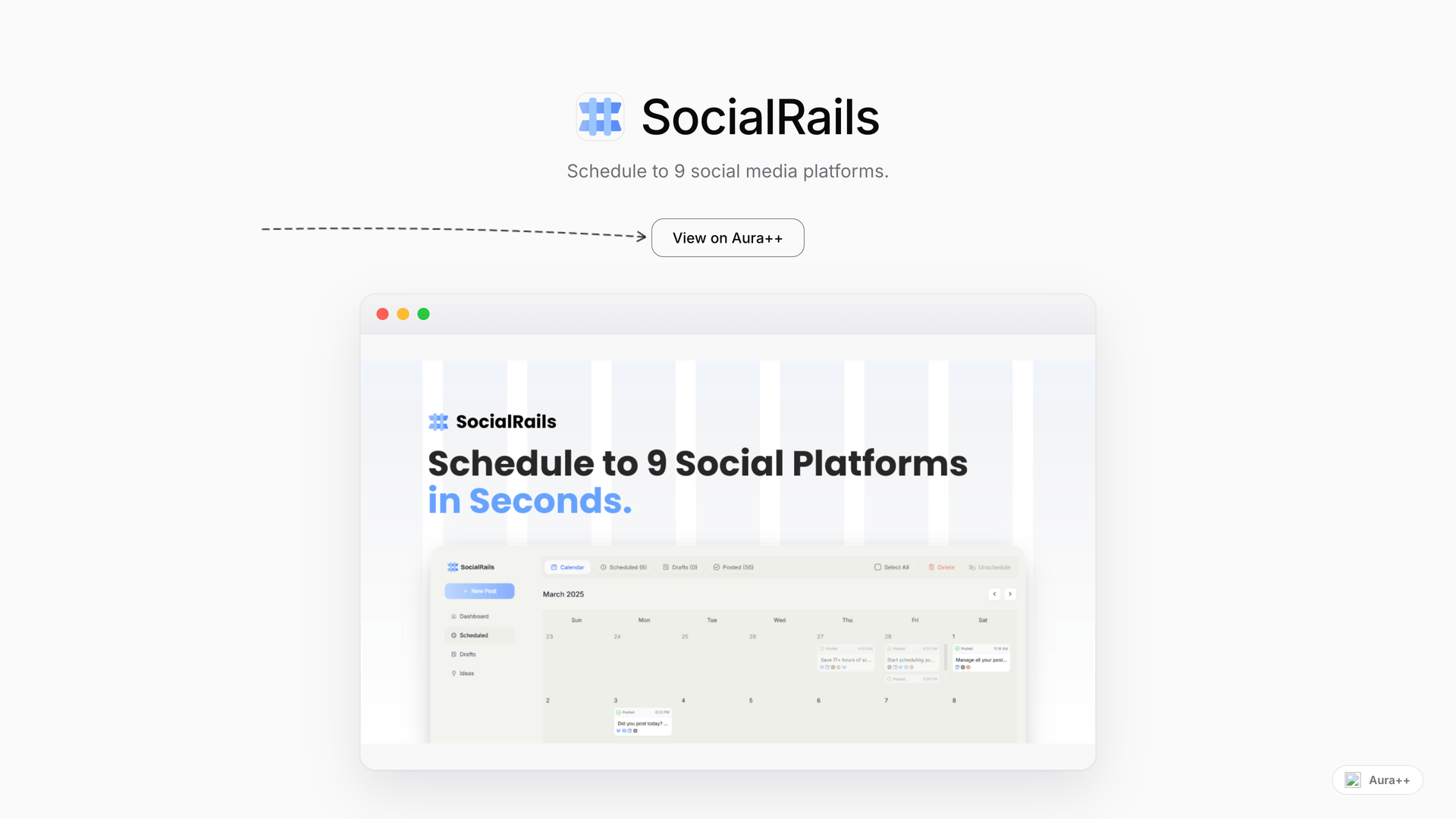 SocialRails - Social Media Management Platform launch story featured image on Aura++