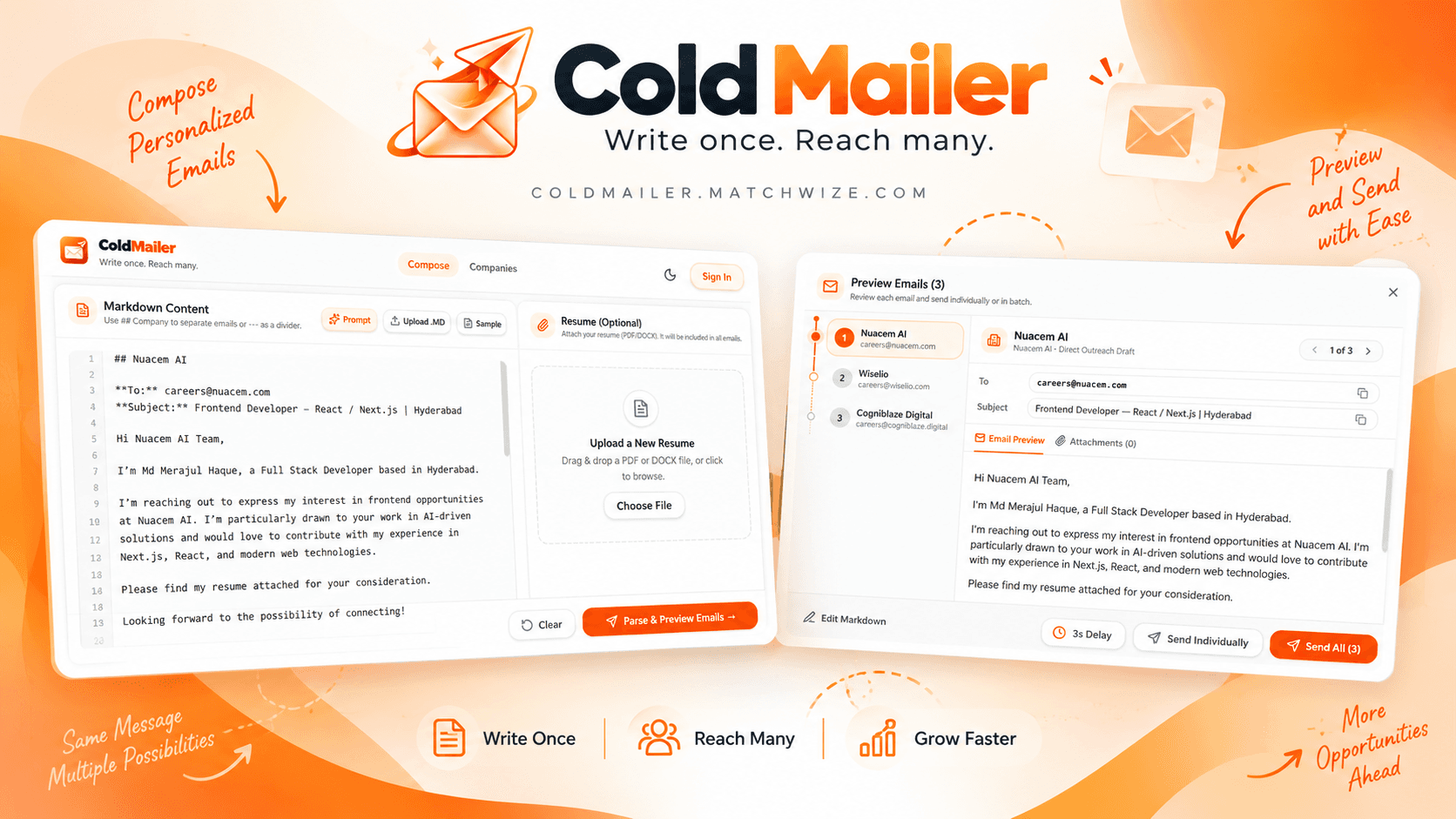 Cold Mailer product preview for startup listing on Aura++
