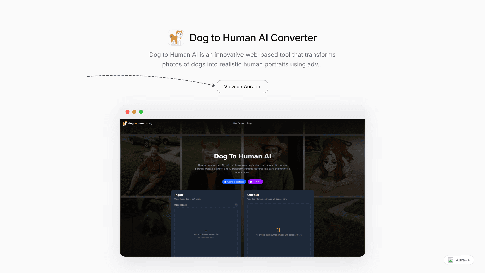 Dog to Human AI Converter launch story featured image on Aura++