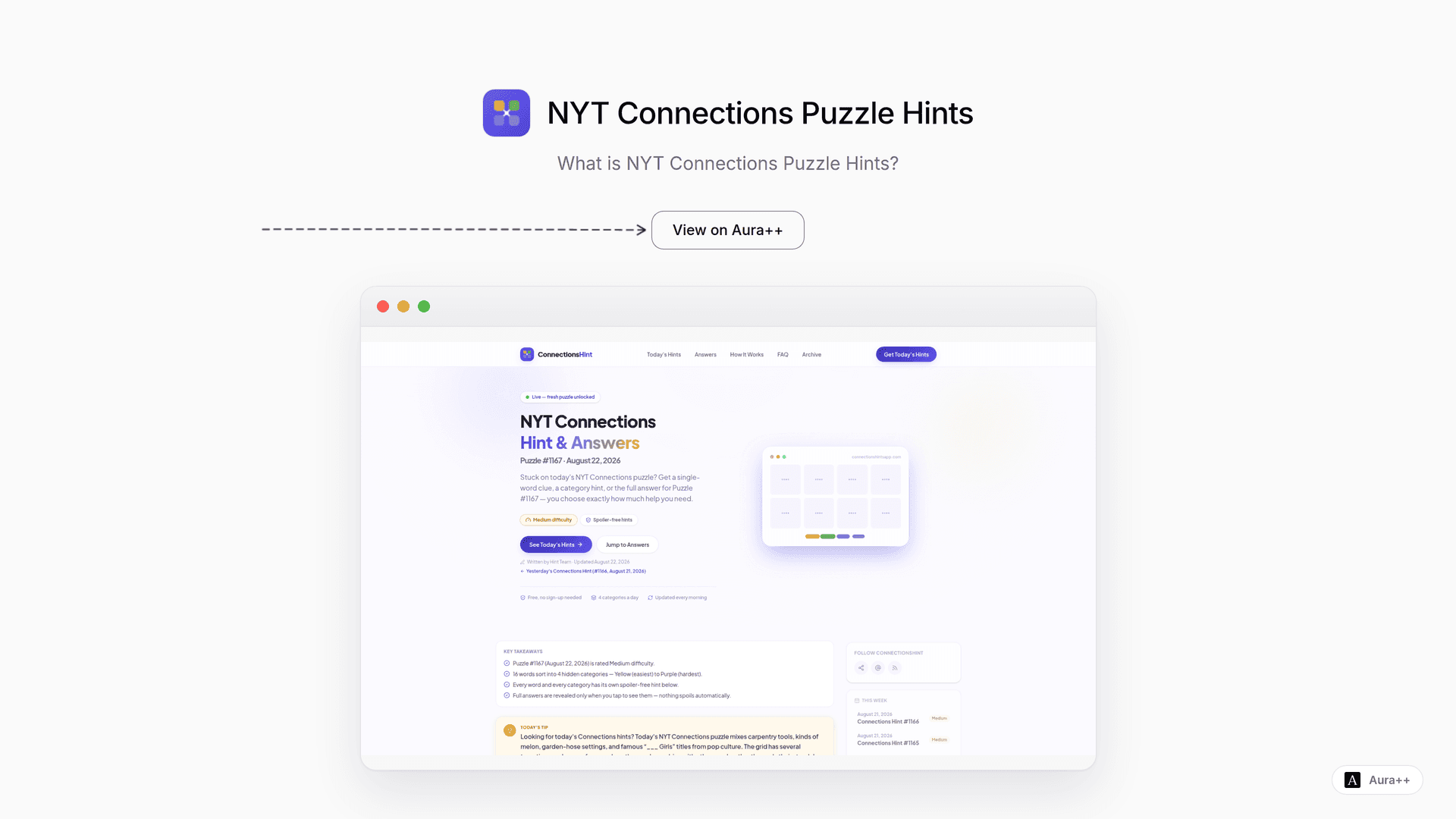 NYT Connections Puzzle Hints launch story featured image on Aura++