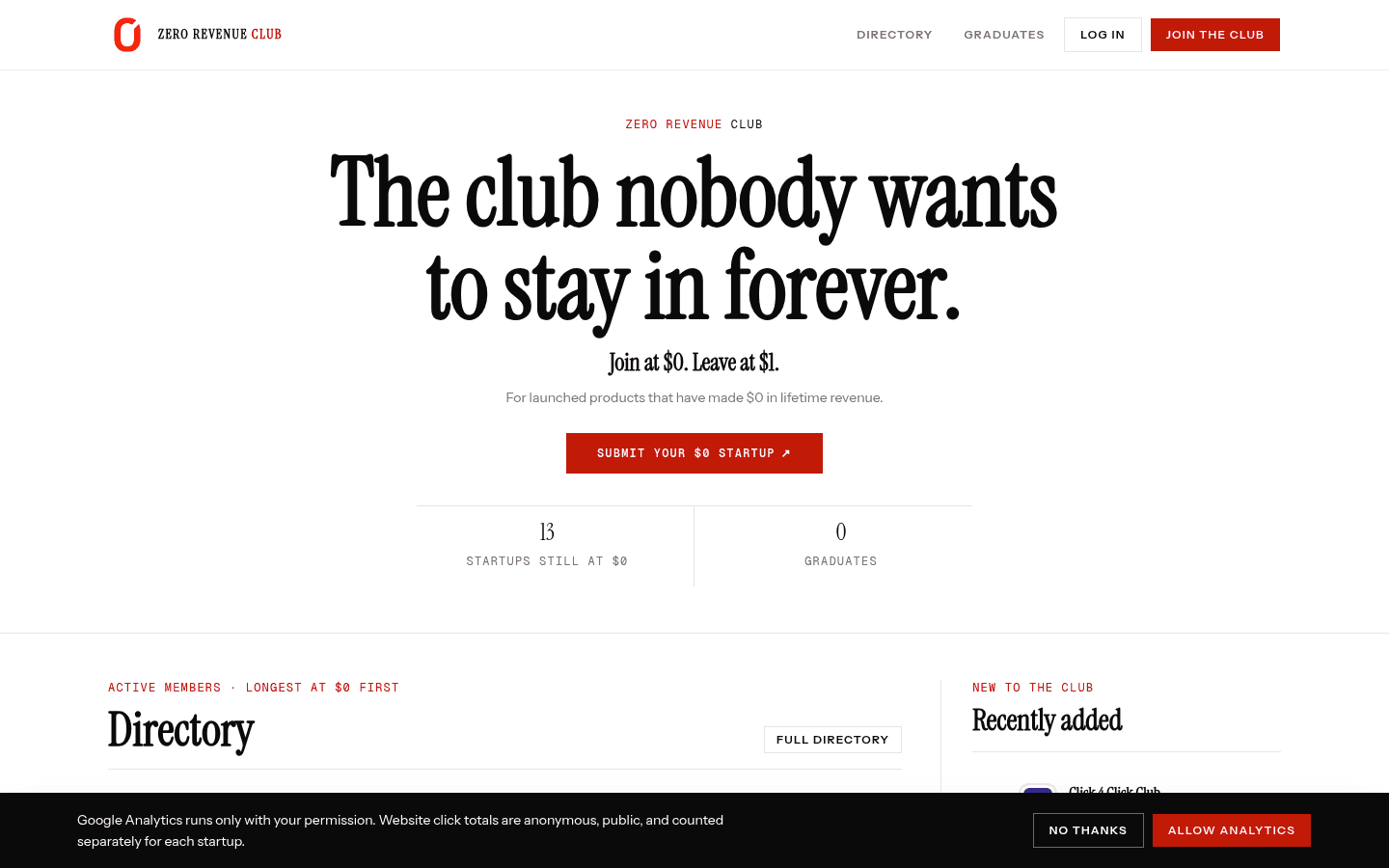Zero Revenue Club product preview for startup listing on Aura++