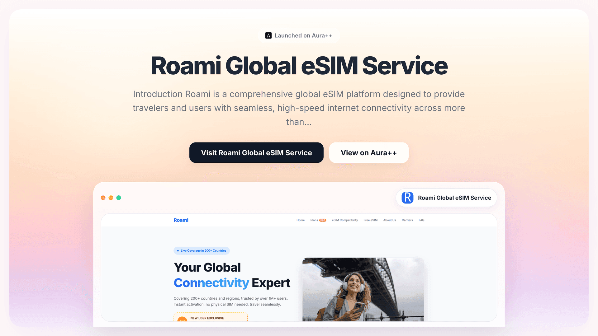 Roami Global eSIM Service launch story featured image on Aura++