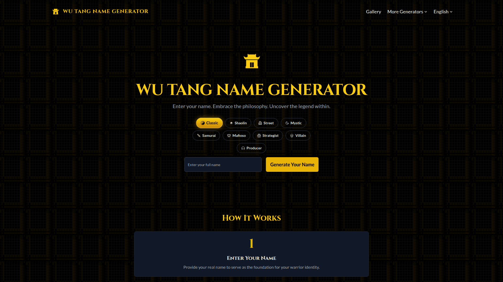 Wu Tang Name Generator product preview for startup listing on Aura++