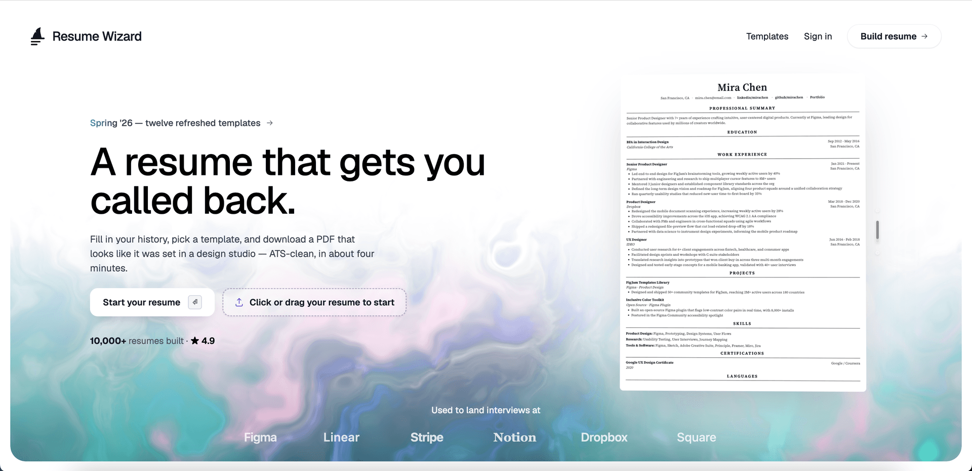 Resume Wizard product preview for startup listing on Aura++