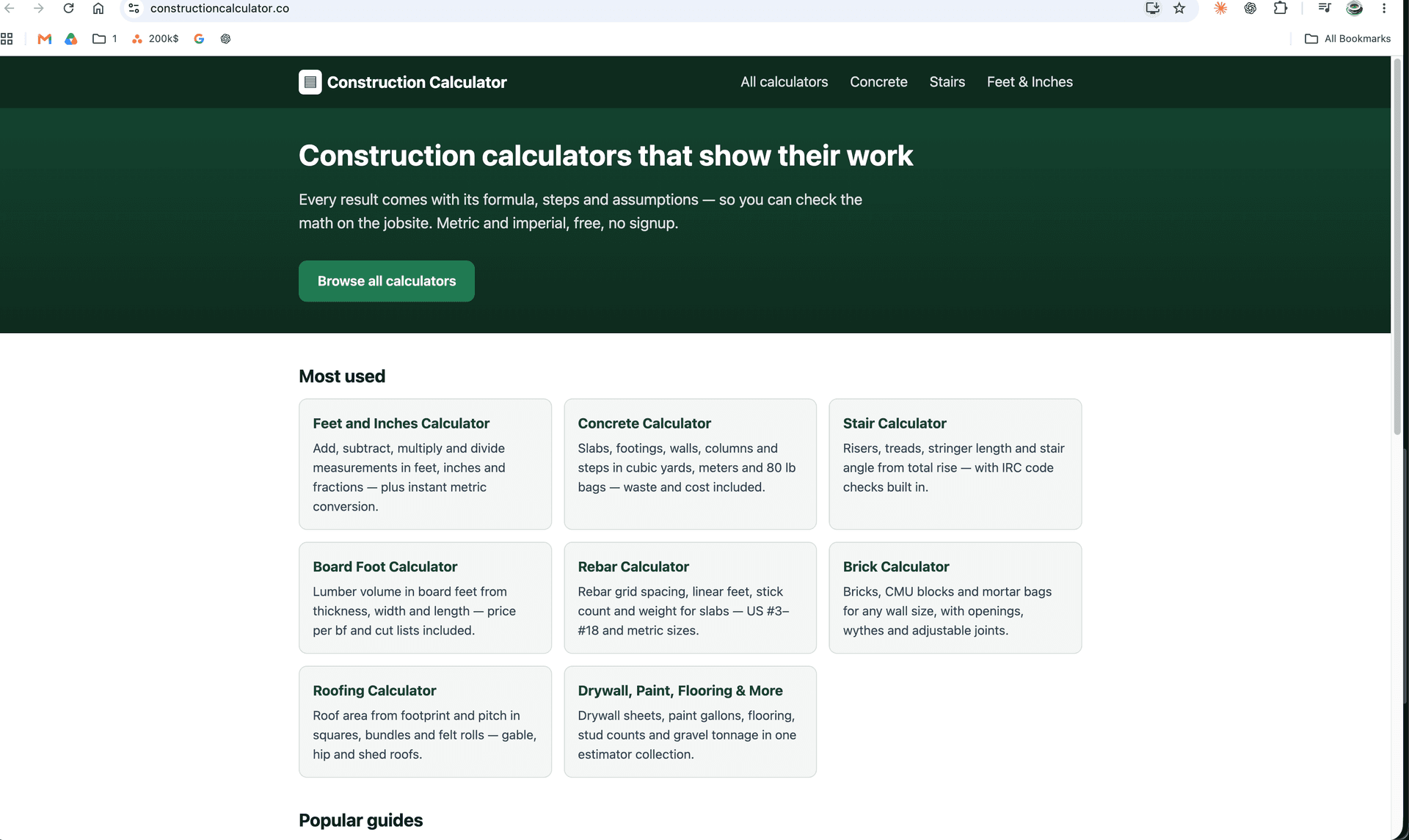 Construction Calculator product preview for startup listing on Aura++