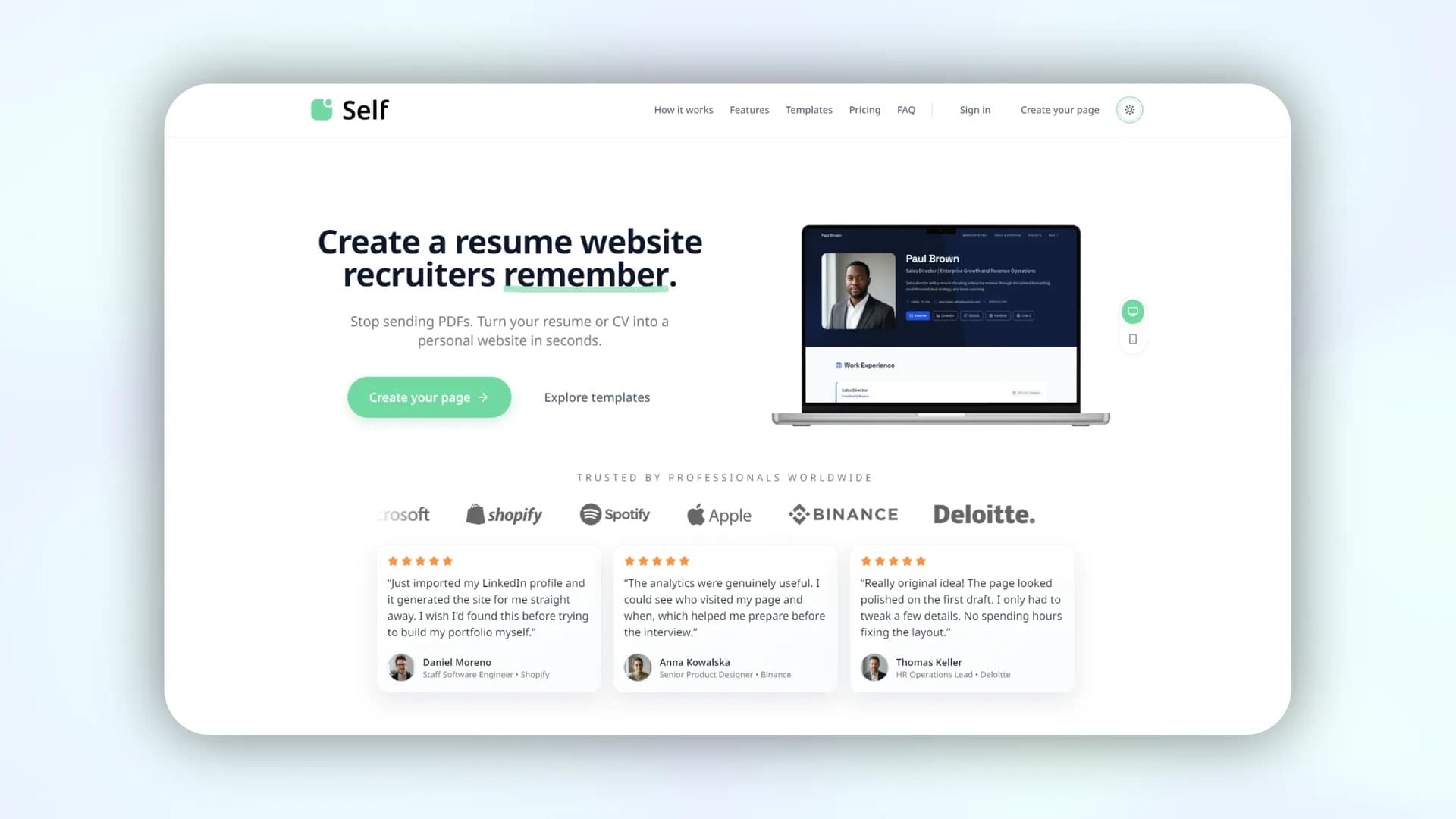 Self (self.cv) product preview for startup listing on Aura++