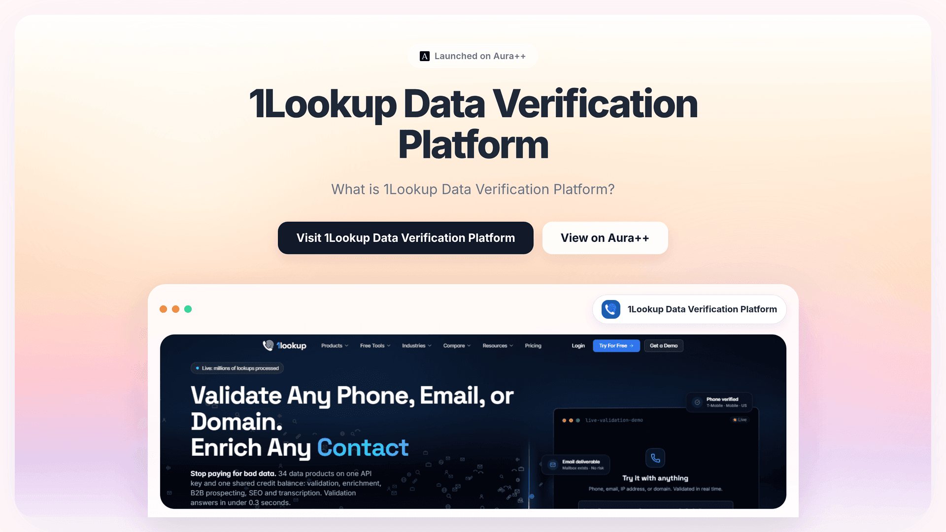 1Lookup Data Verification Platform launch story featured image on Aura++
