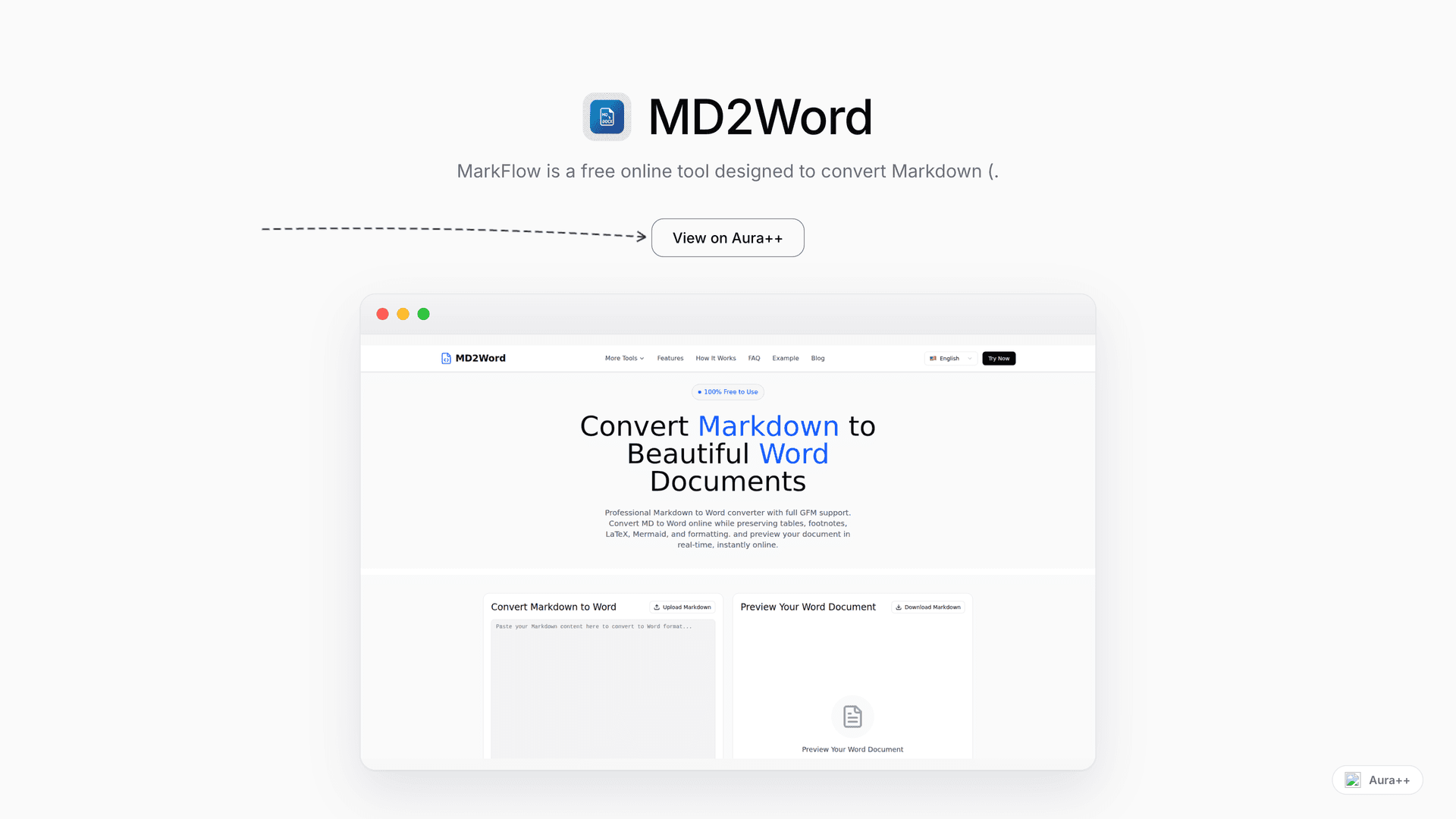 MD2Word: Markdown to Word Converter launch story featured image on Aura++