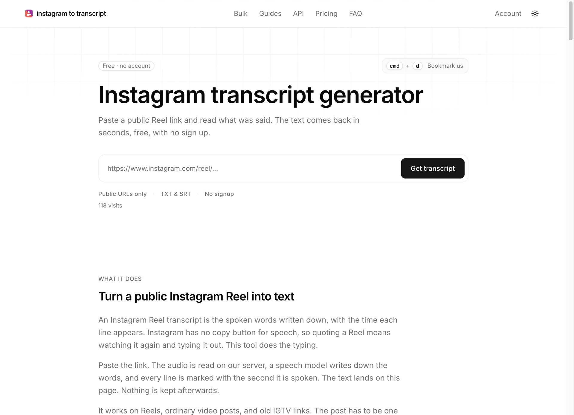 Instagram to Transcript product preview for startup listing on Aura++