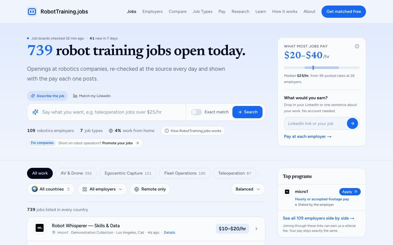 RobotTraining.jobs product preview for startup listing on Aura++