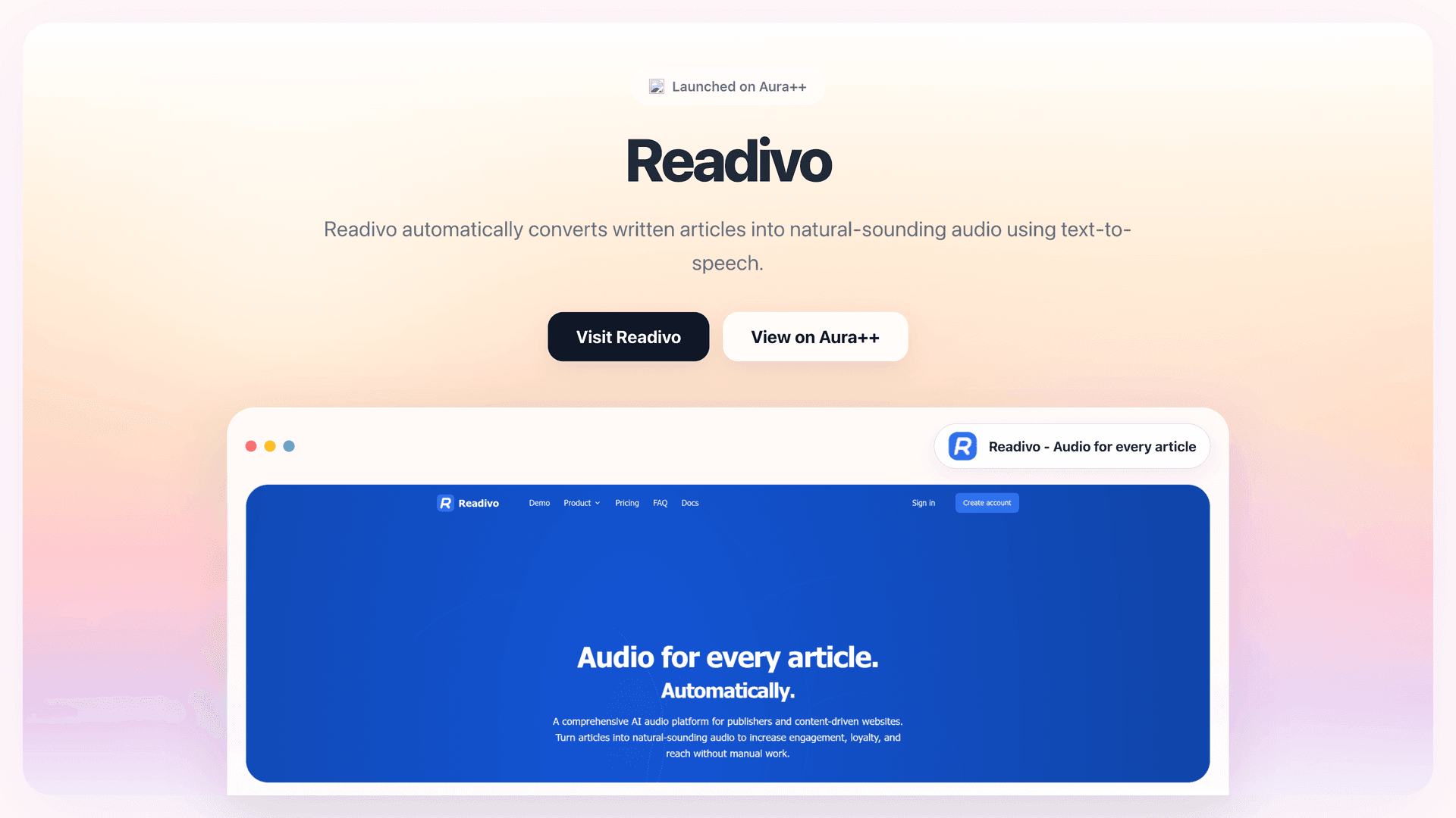 Readivo - Audio for every article launch featured image on Aura++