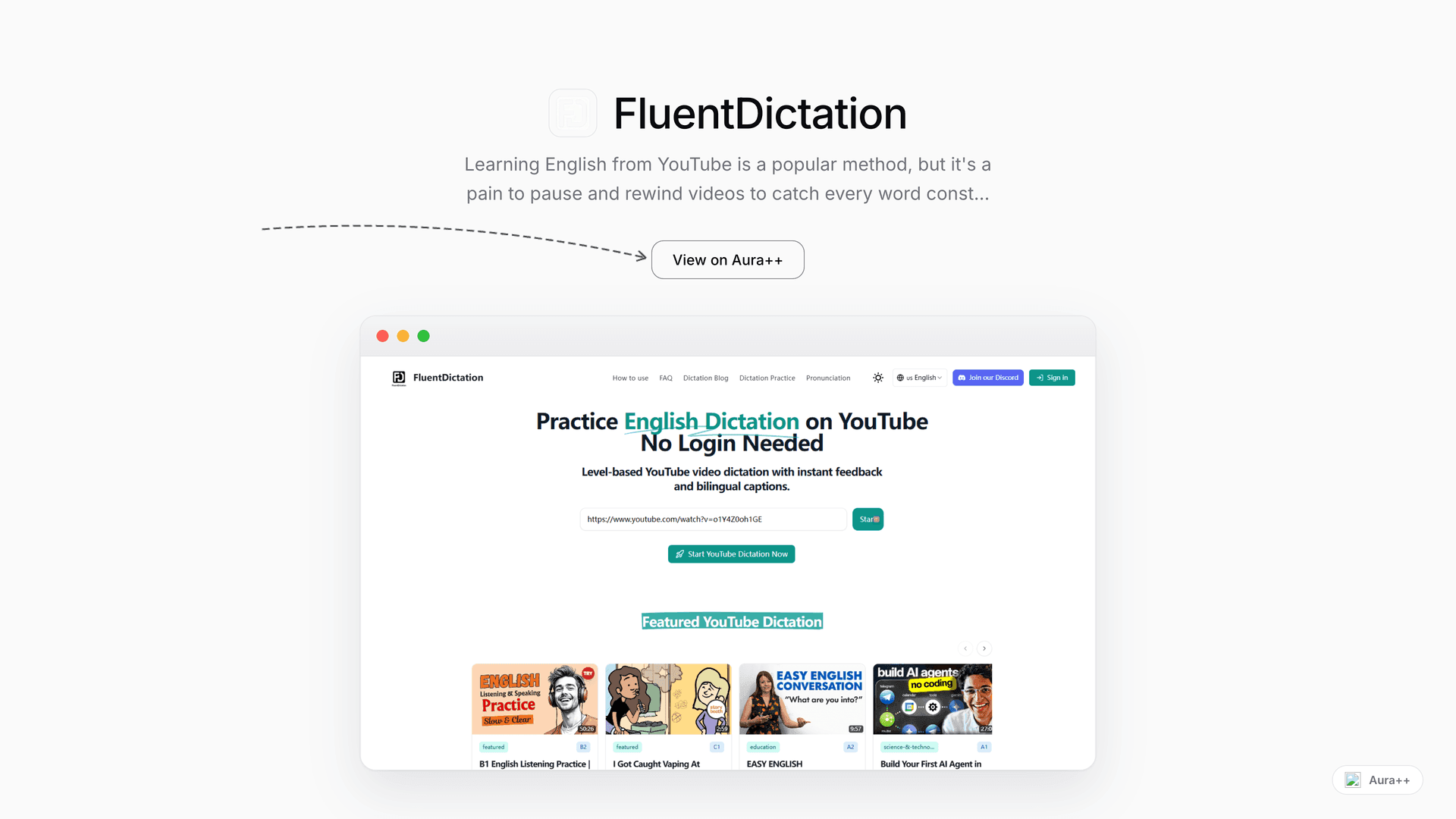 FluentDictation - Interactive YouTube English Practice launch featured image on Aura++