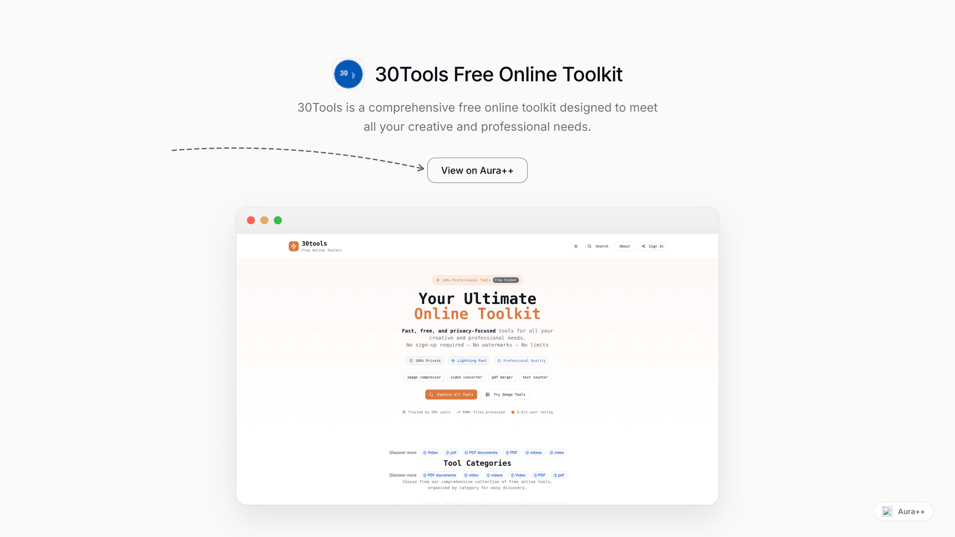 30Tools Free Online Toolkit launch story featured image on Aura++