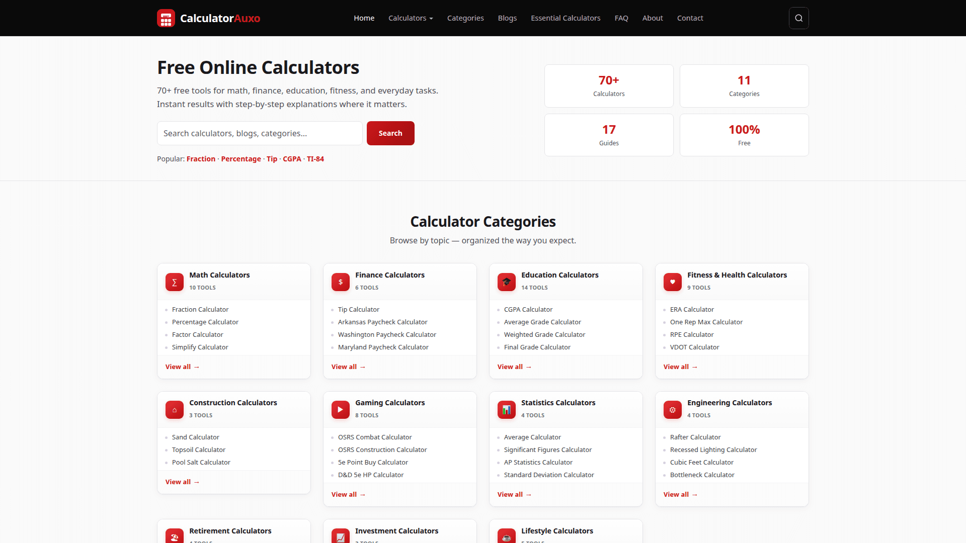 CalculatorAuxo: Free Online Calculators Hub product preview for startup listing on Aura++