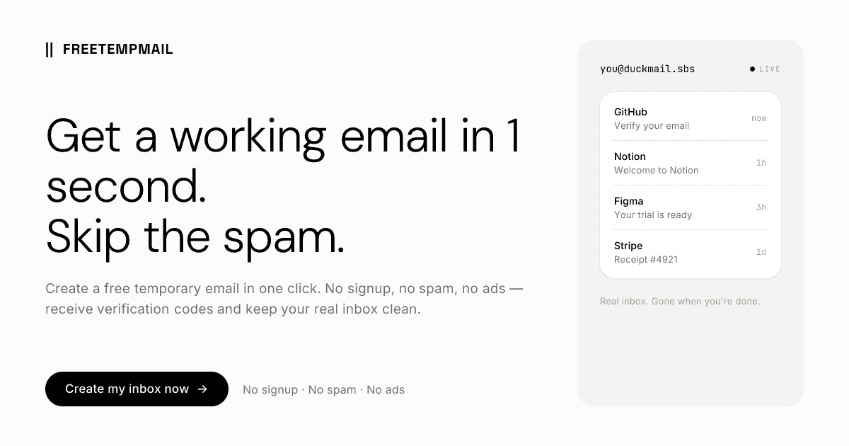 Free TempMail product preview for startup listing on Aura++