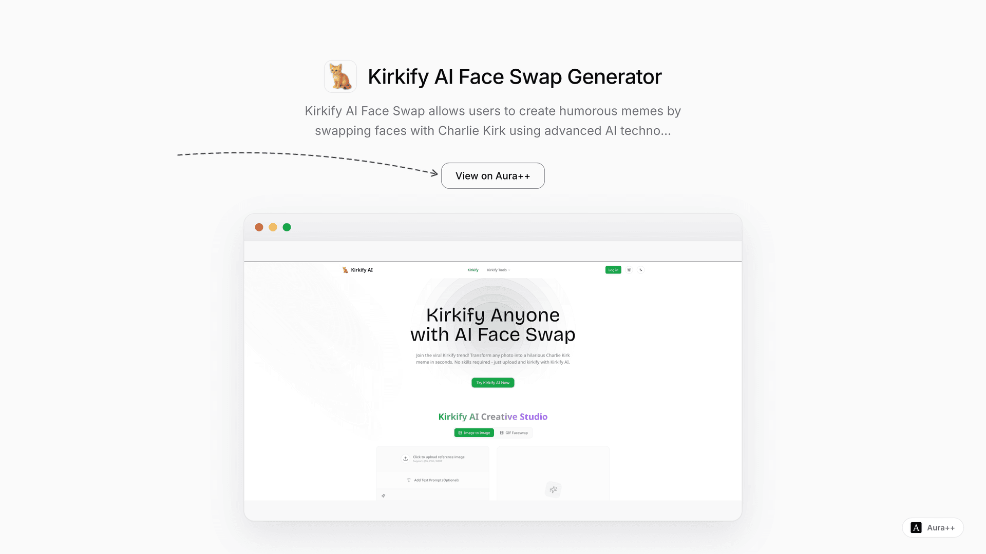 Kirkify AI Face Swap Generator launch story featured image on Aura++