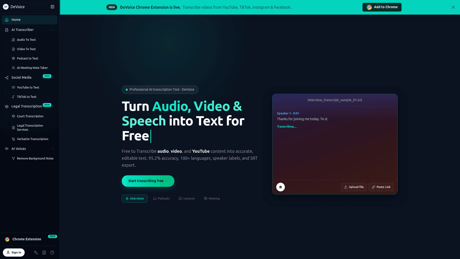 DeVoice AI Transcription Platform product preview for startup listing on Aura++