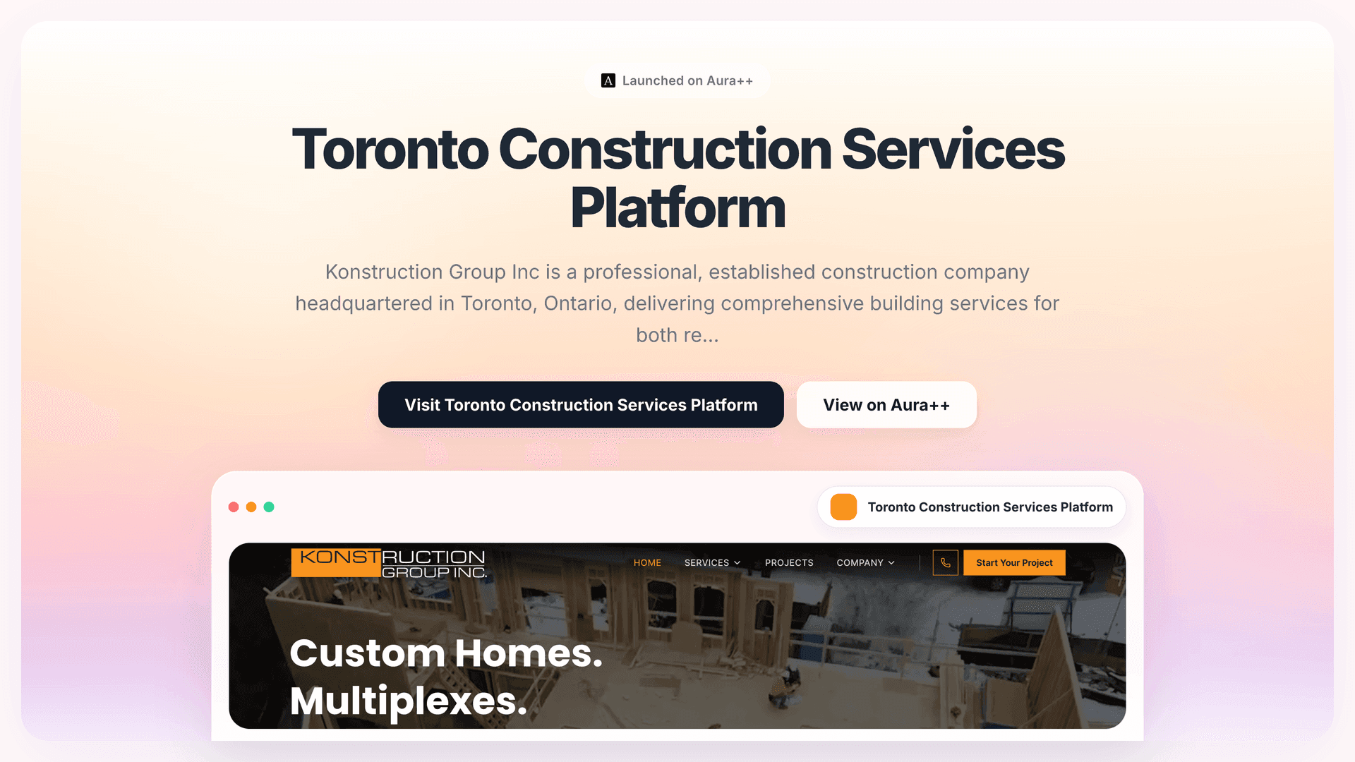 Toronto Construction Services Platform launch story featured image on Aura++