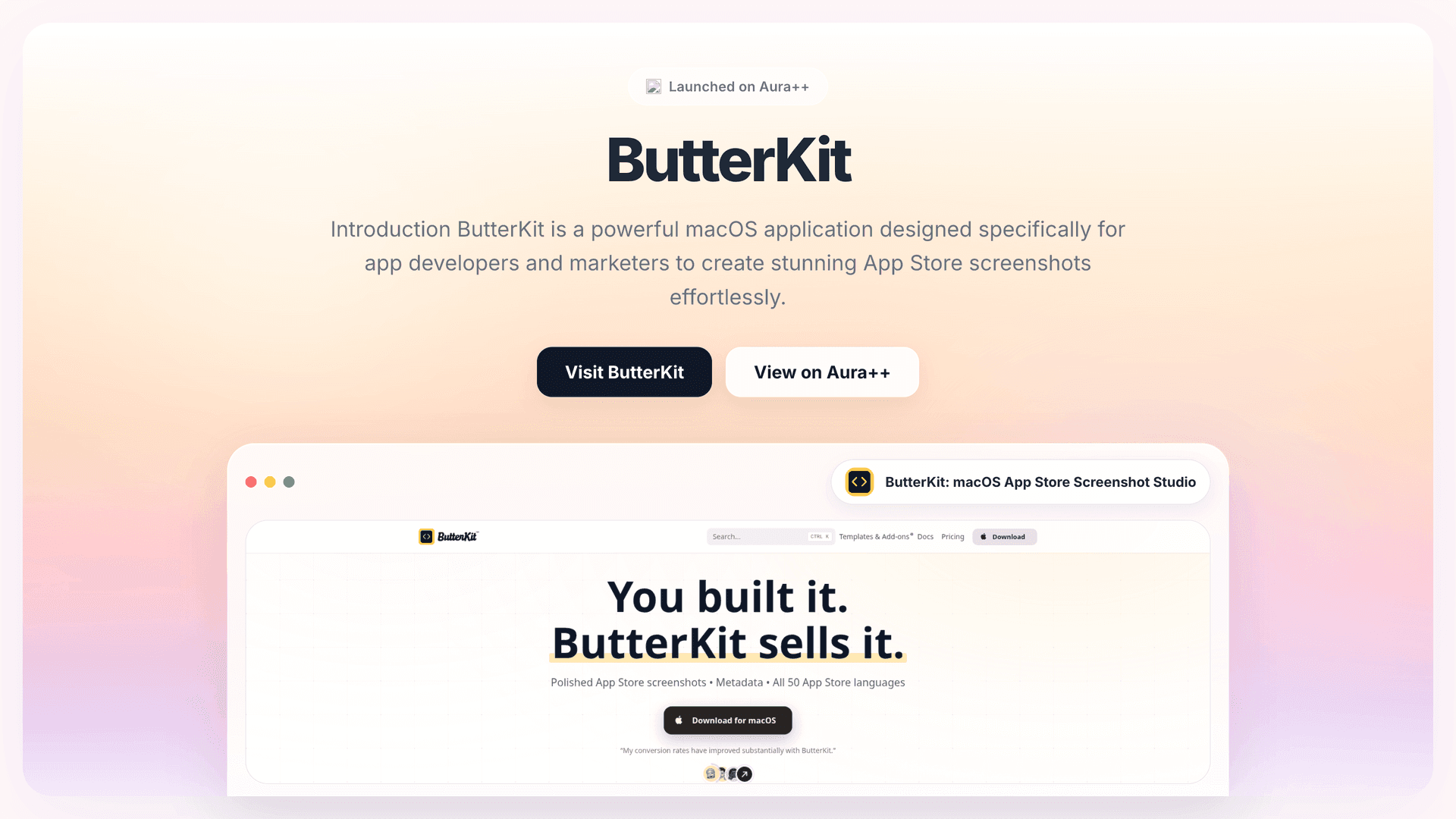 ButterKit: macOS App Store Screenshot Studio launch featured image on Aura++