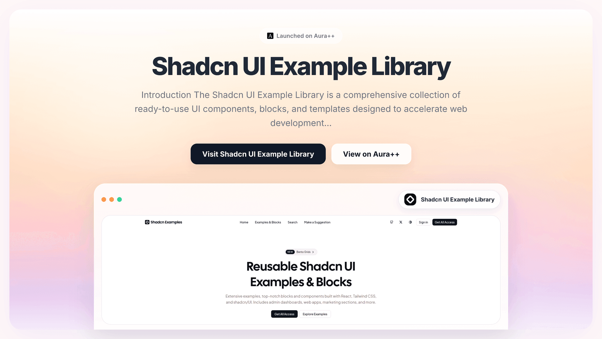 Shadcn UI Example Library launch story featured image on Aura++