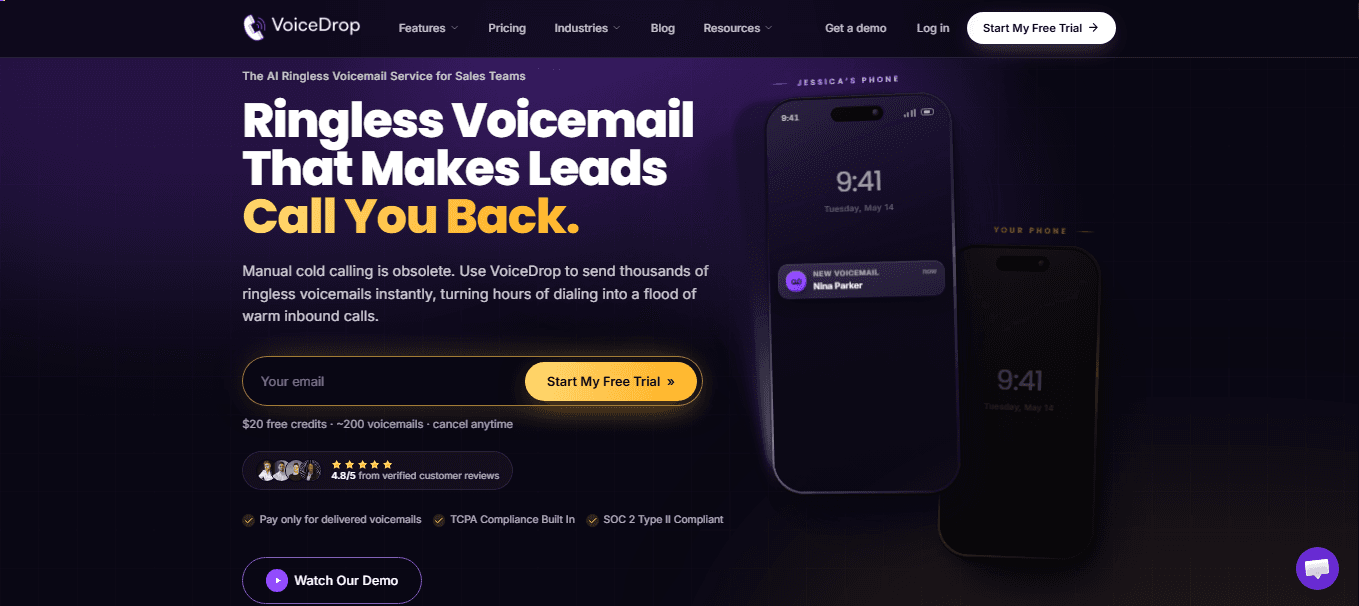 VoiceDrop AI Ringless Voicemail product preview for startup listing on Aura++