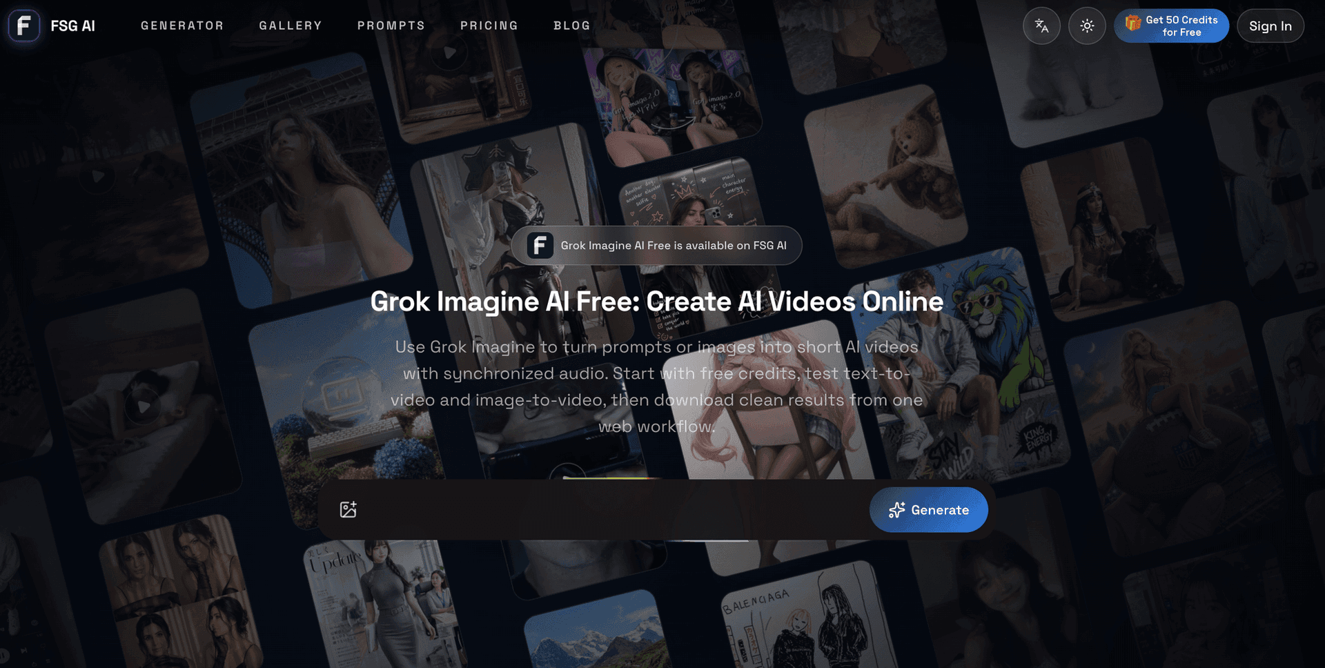 Grok Imagine Free Generator - FSG AI product preview for startup listing on Aura++