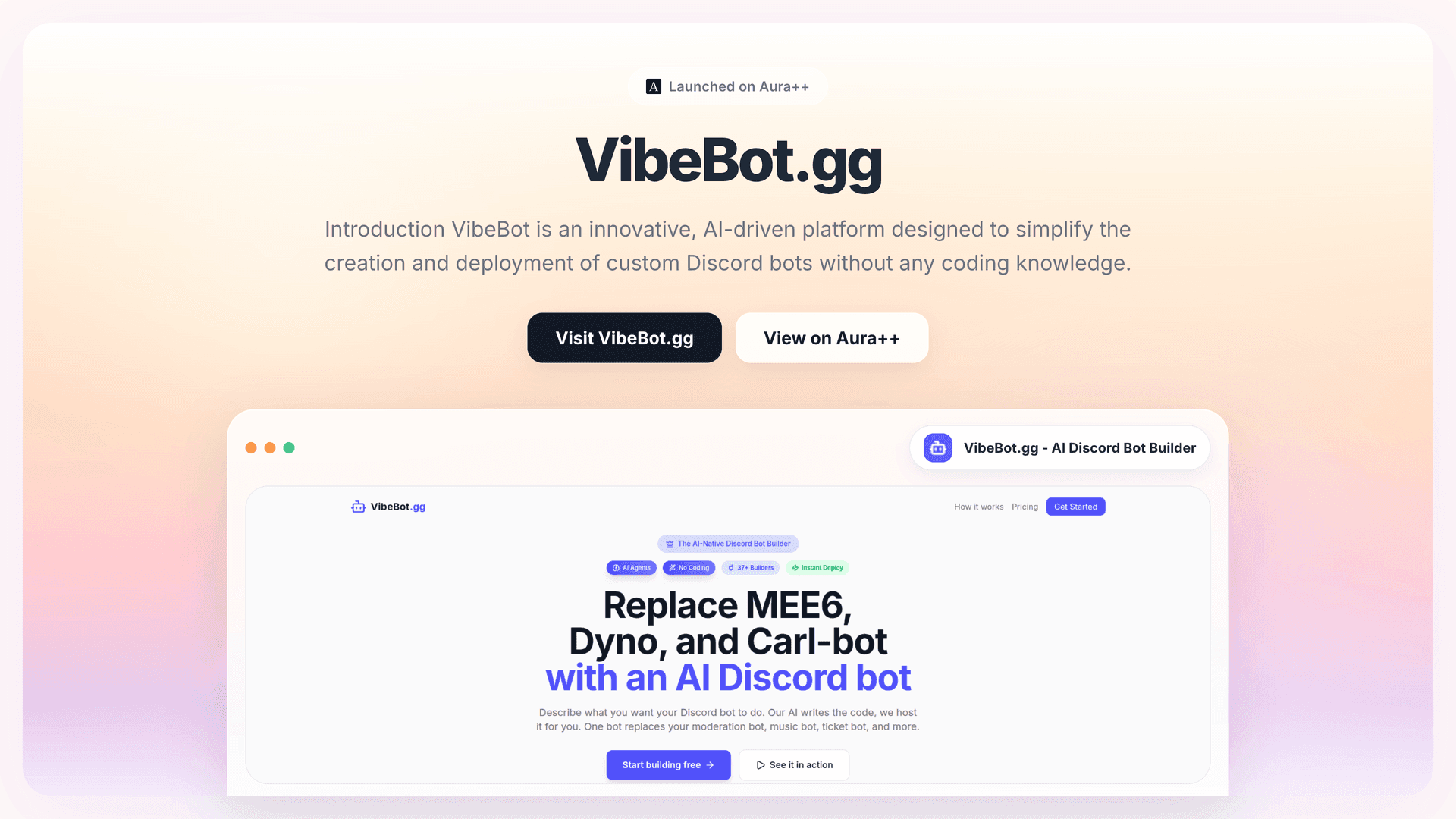 VibeBot.gg - AI Discord Bot Builder launch story featured image on Aura++