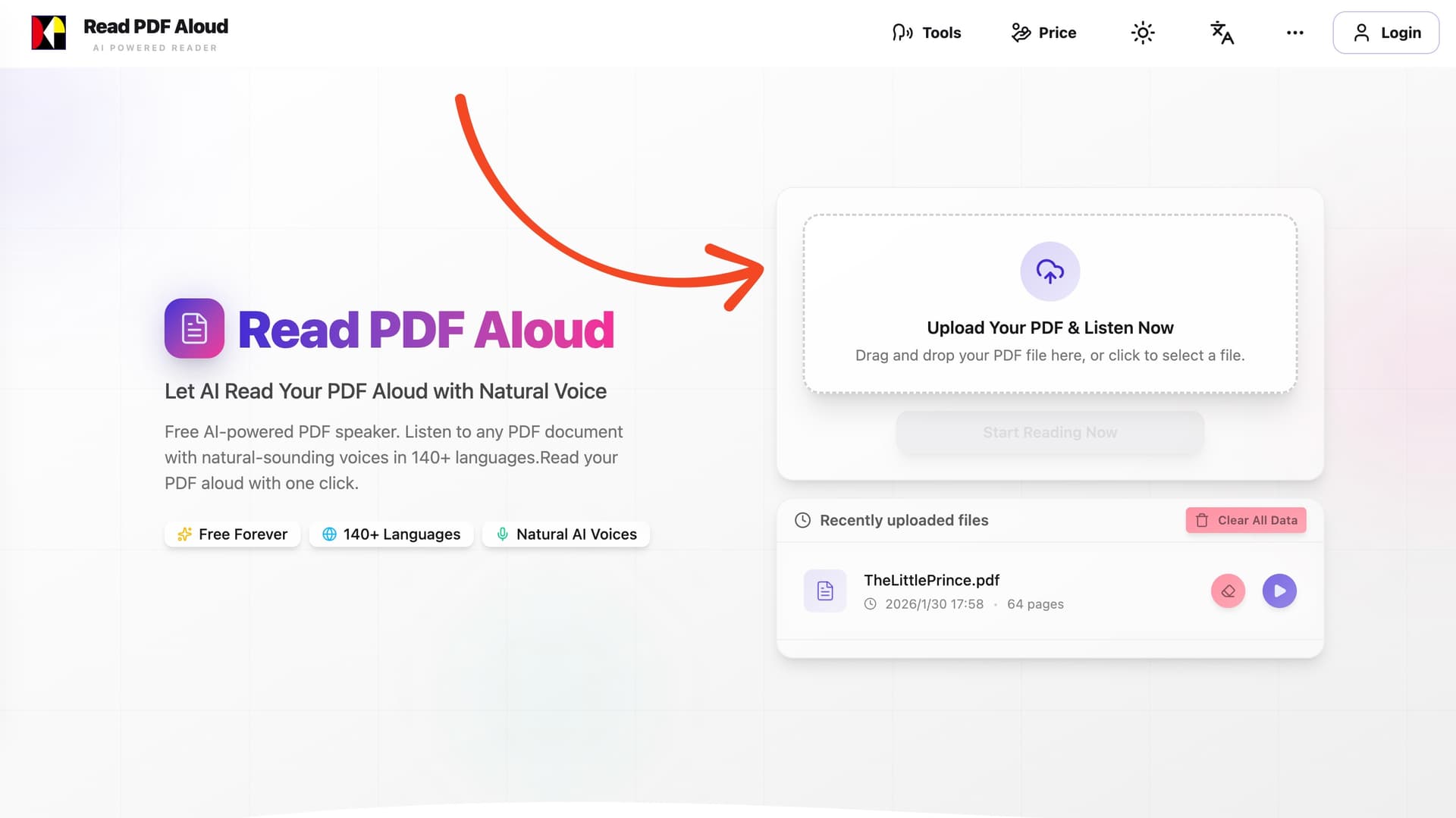 Read PDF Aloud AI Reader product preview for startup listing on Aura++