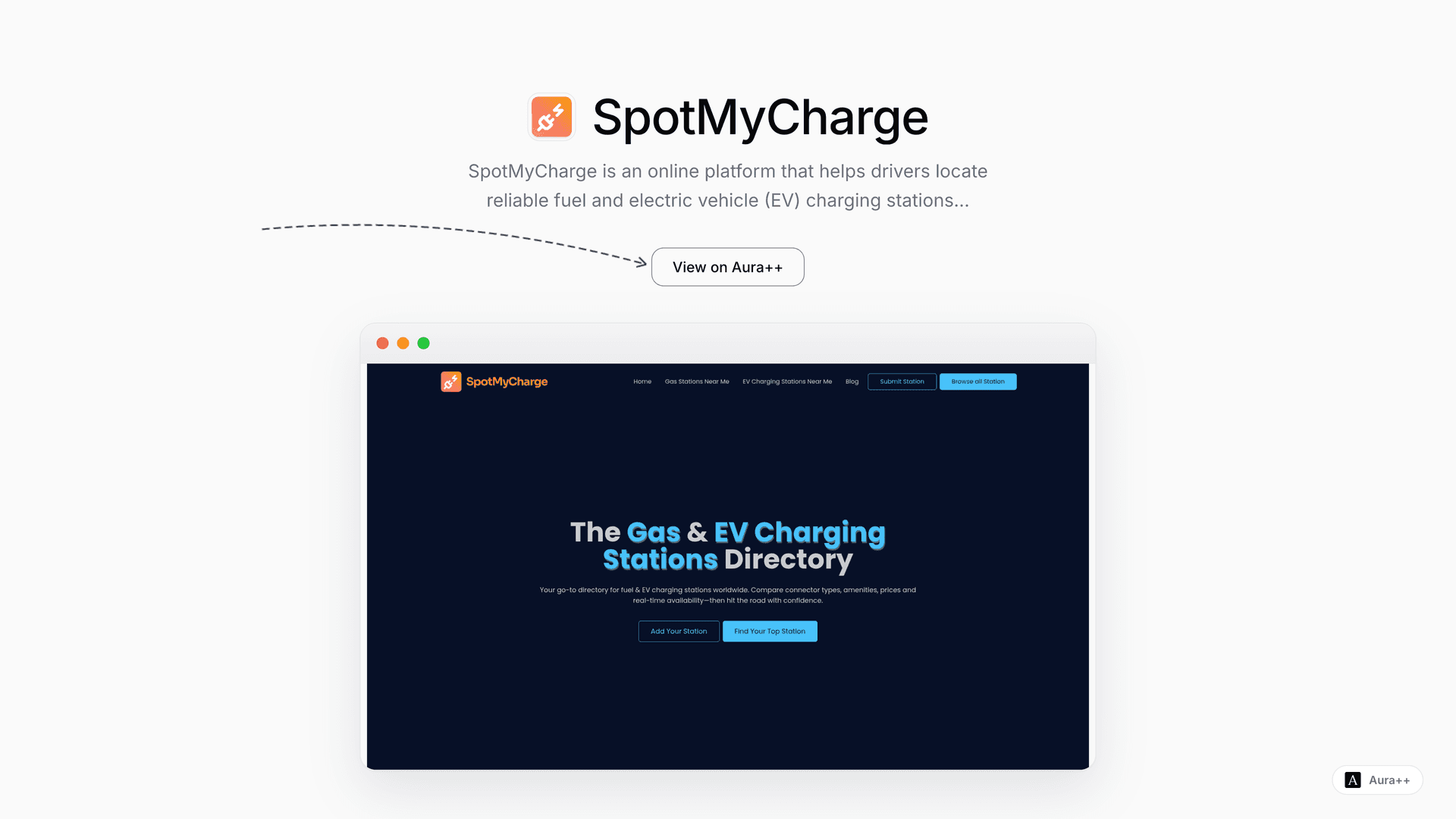 SpotMyCharge - Global EV & Fuel Station Directory launch story featured image on Aura++