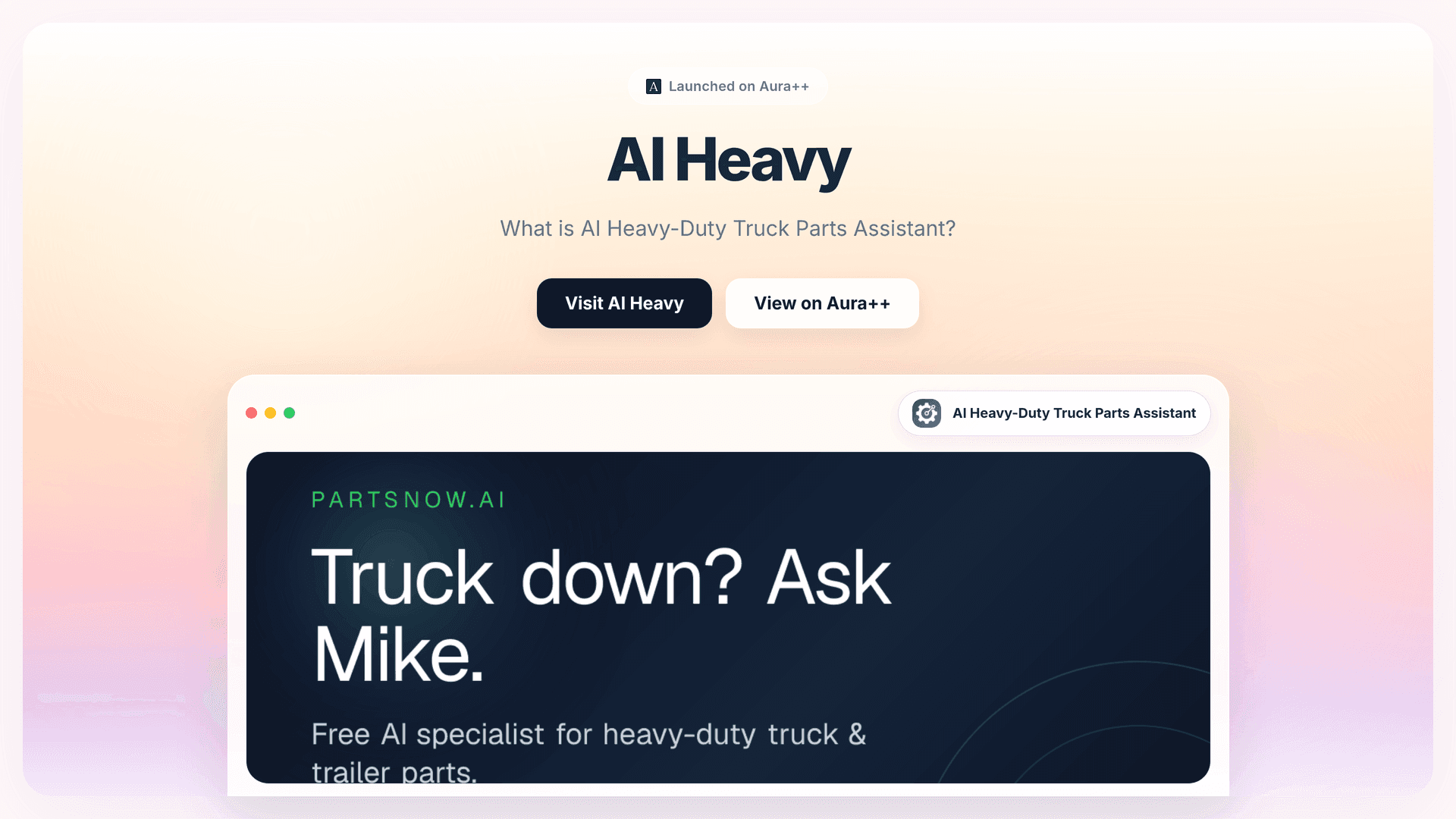 AI Heavy-Duty Truck Parts Assistant launch story featured image on Aura++
