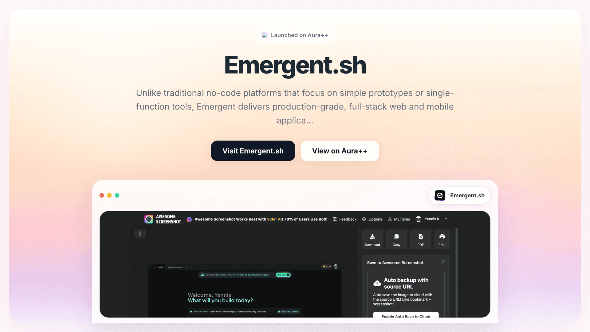 Emergent.sh  launch story featured image on Aura++
