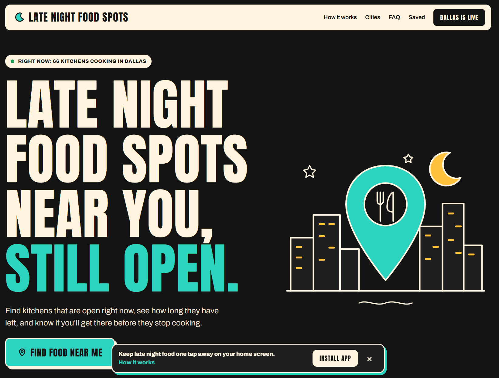 Late Night Food Spots product preview for startup listing on Aura++