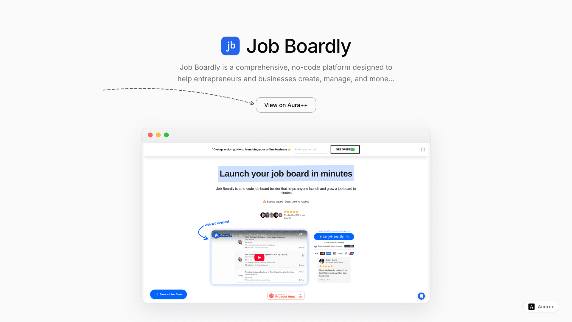 Job Boardly - No-Code Job Board Builder launch story featured image on Aura++
