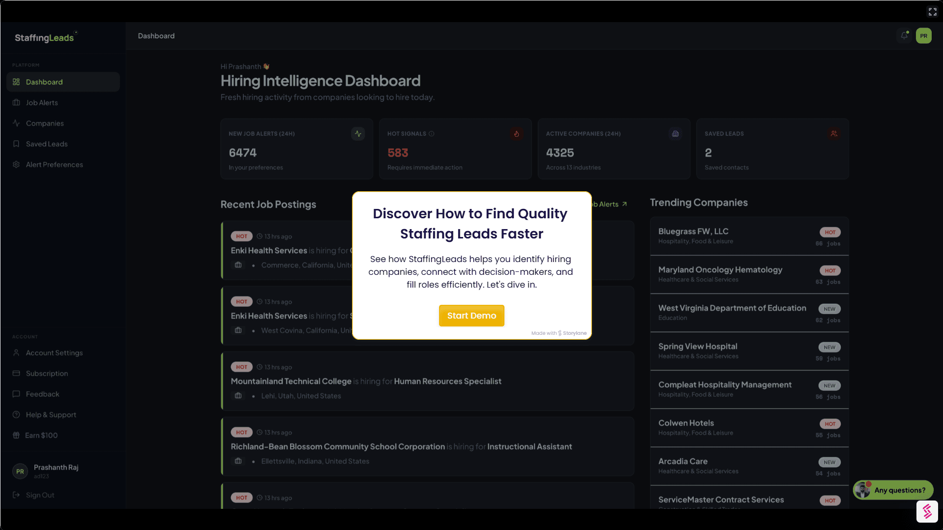 Staffing Leads product preview for startup listing on Aura++