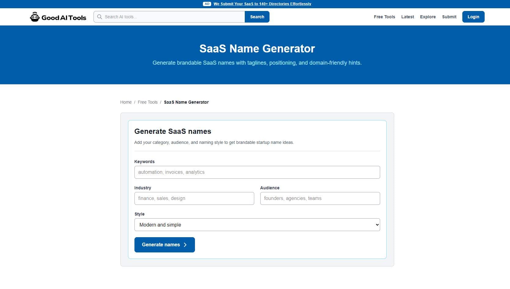 SaaS Name Generator product preview for startup listing on Aura++