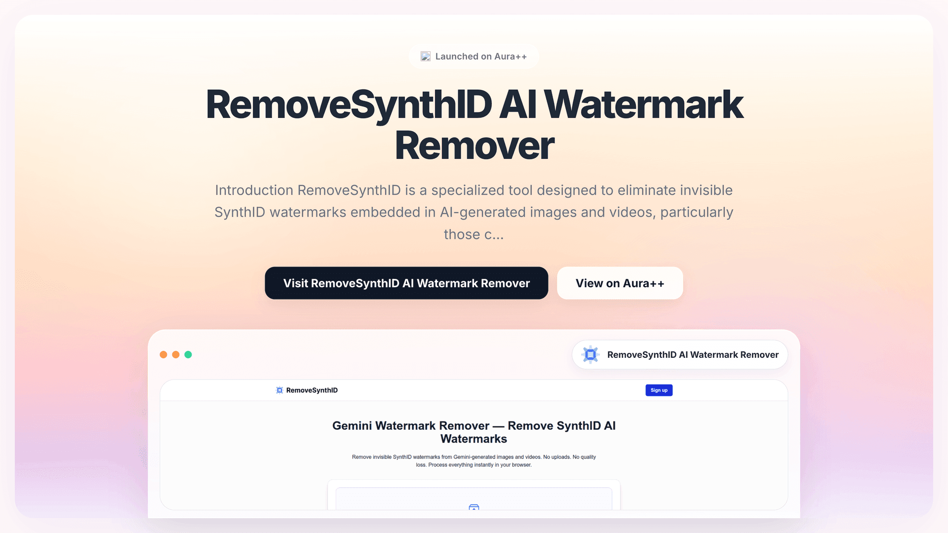 RemoveSynthID AI Watermark Remover launch story featured image on Aura++