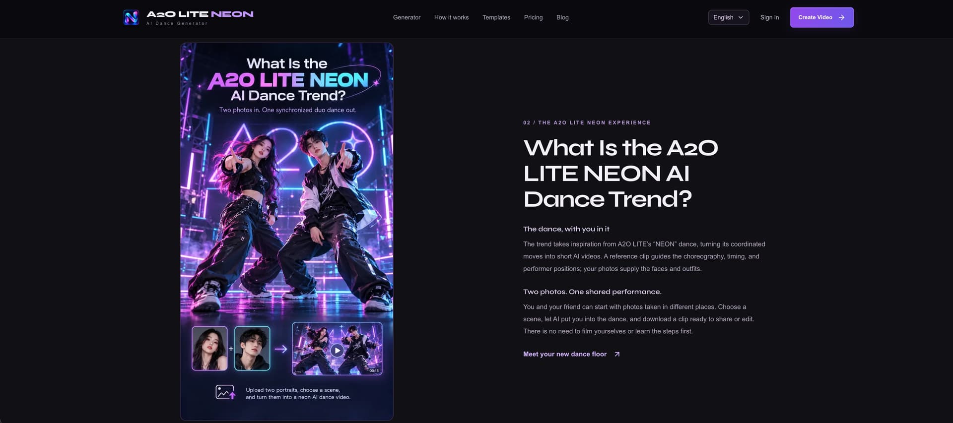 A2O LITE NEON AI Dance Generator product preview for startup listing on Aura++