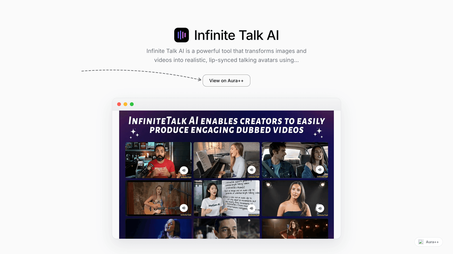 Infinite Talk AI - Video Dubbing & Avatars launch story featured image on Aura++