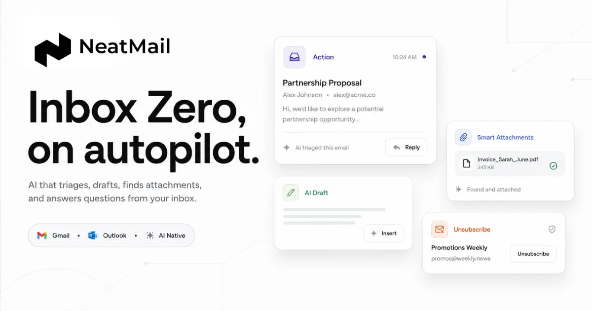 NeatMail - AI Email Organizer & Assistant product preview for startup listing on Aura++