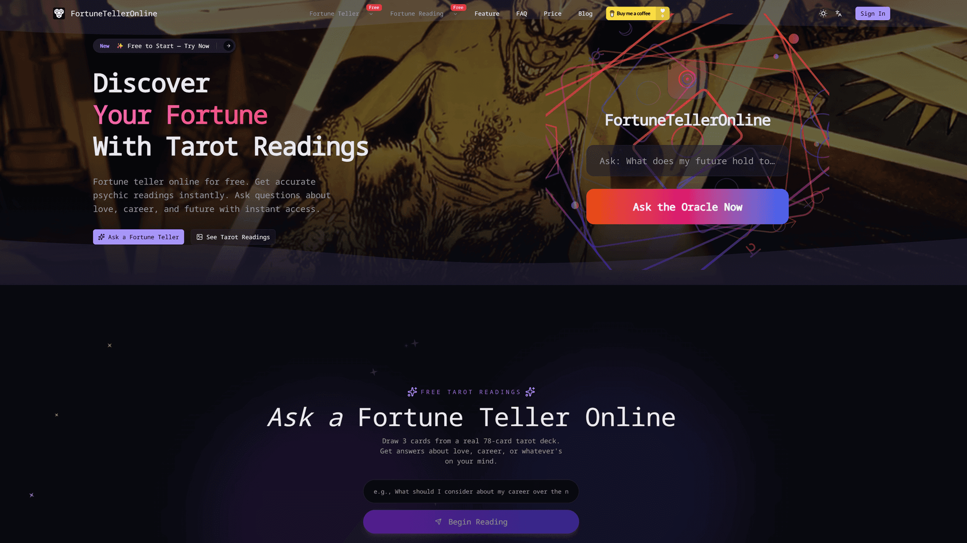 Online Fortune Teller & Tarot Reader product preview for startup listing on Aura++