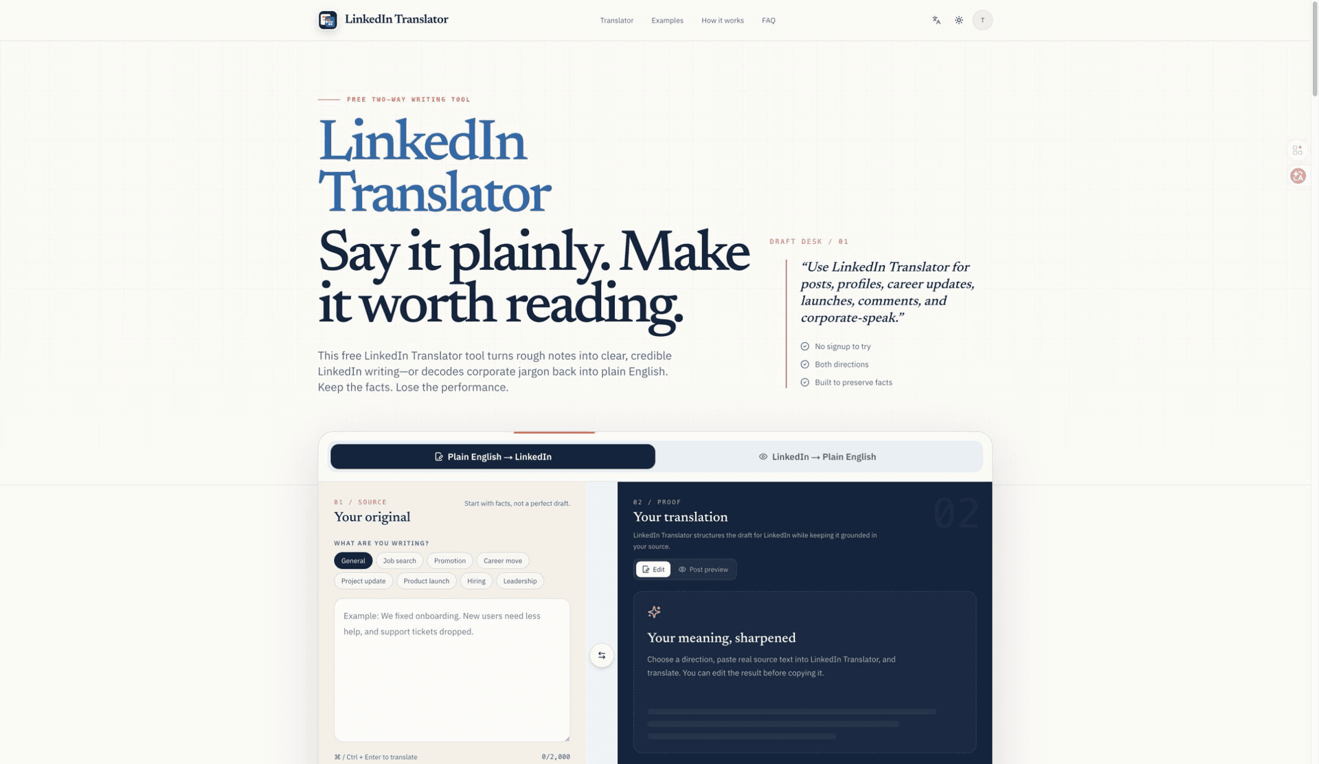 LinkedIn Translator product preview for startup listing on Aura++
