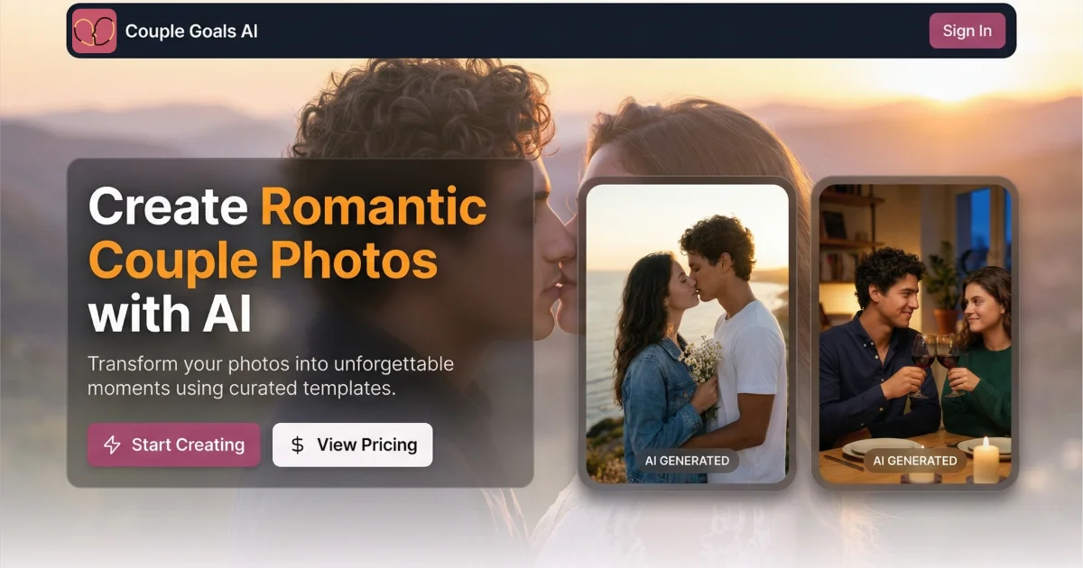 AI Couple Photo Generator - CoupleGoalsAI product preview for startup listing on Aura++