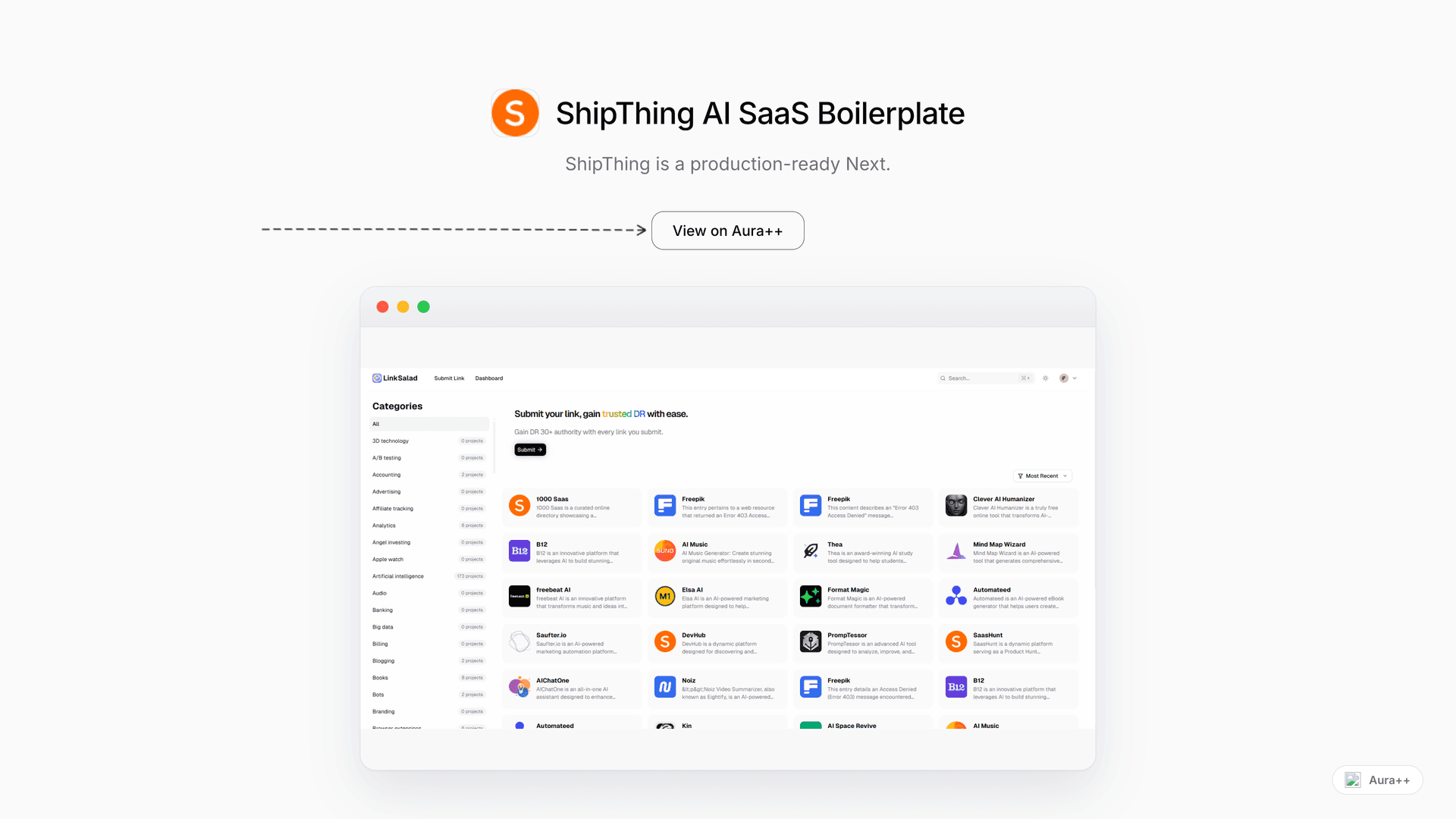 ShipThing AI SaaS Boilerplate launch story featured image on Aura++