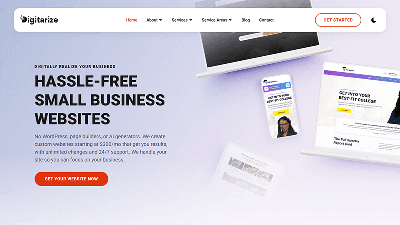 Digitarize in Burlington, VT builds custom small business websites from $300/mo. product preview for startup listing on Aura++