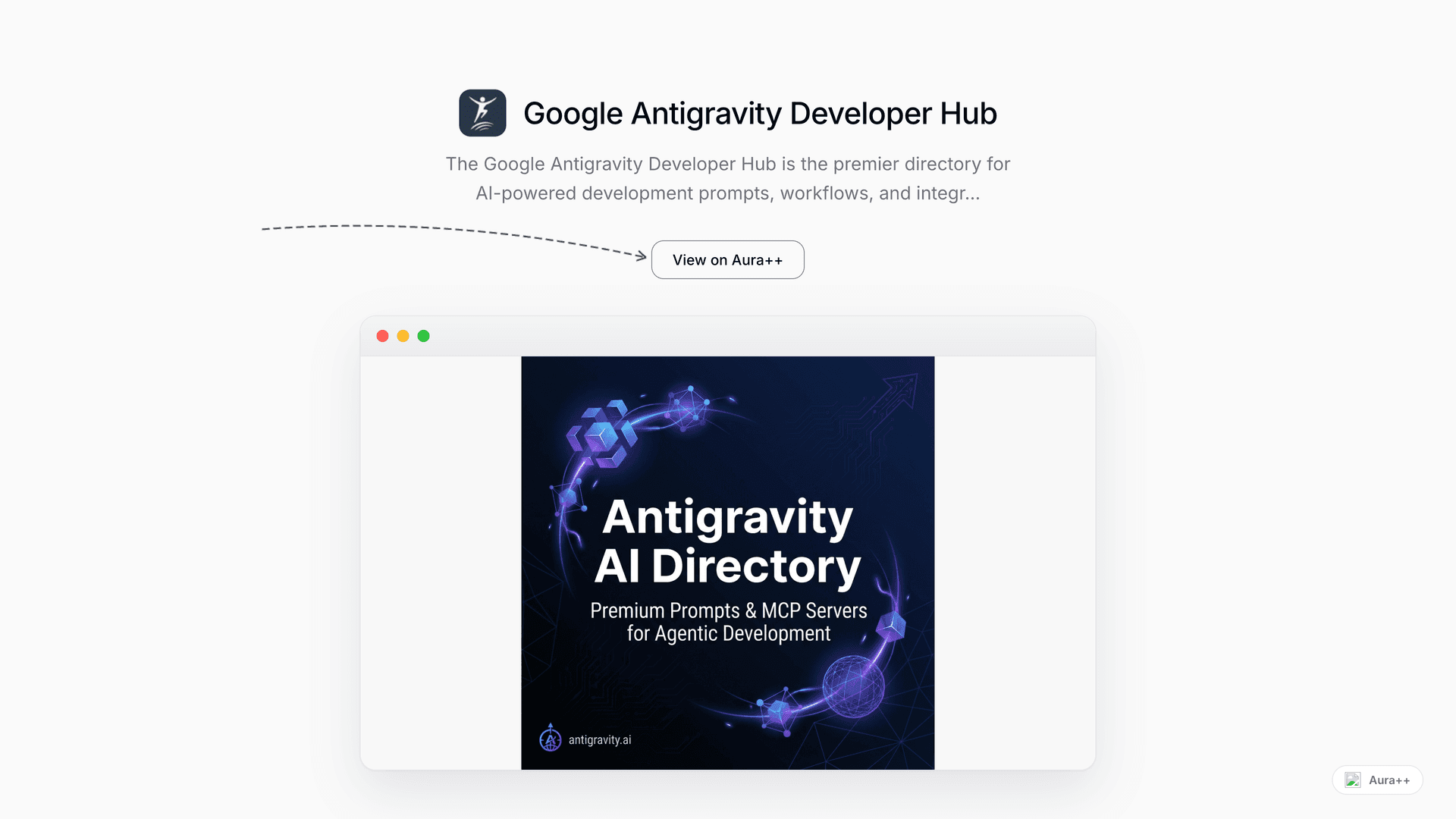 Google Antigravity Developer Hub launch story featured image on Aura++