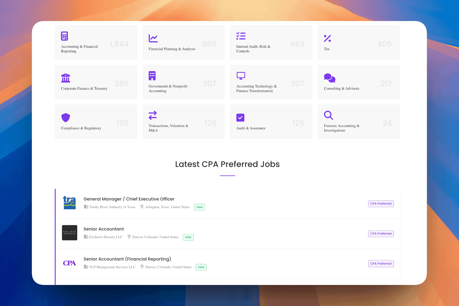 CPA Job Board Platform product preview for startup listing on Aura++