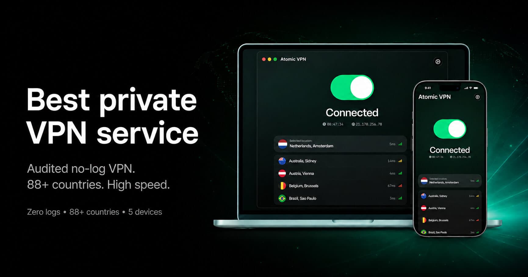 Atomic VPN product preview for startup listing on Aura++