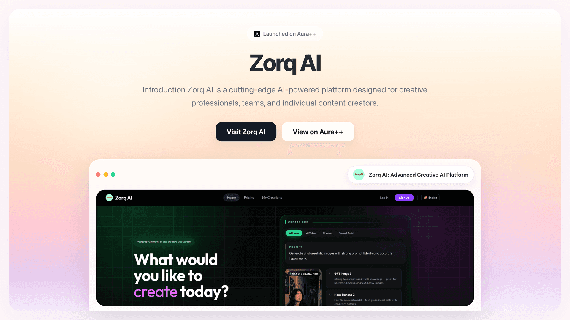 Zorq AI: Advanced Creative AI Platform launch story featured image on Aura++